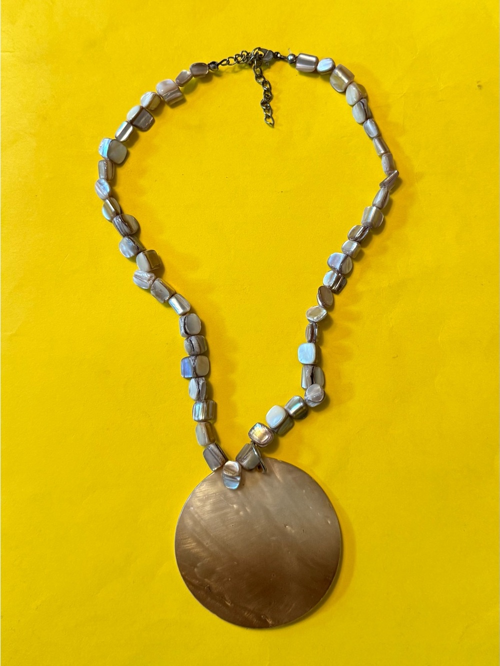 Iridescent Pearl Bead Necklace with Gold Disc Pendant